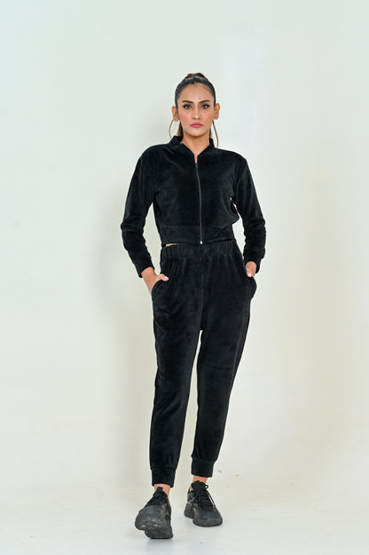 Women's Velour Zipper-Co-Ord Set- Black