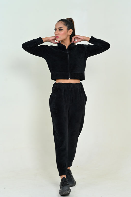 Women's Velour Zipper-Co-Ord Set- Black