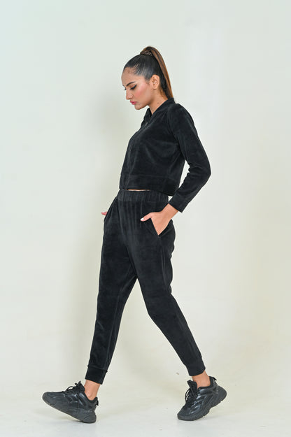 Women's Velour Zipper-Co-Ord Set- Black