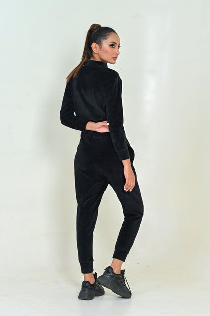 Women's Velour Zipper-Co-Ord Set- Black