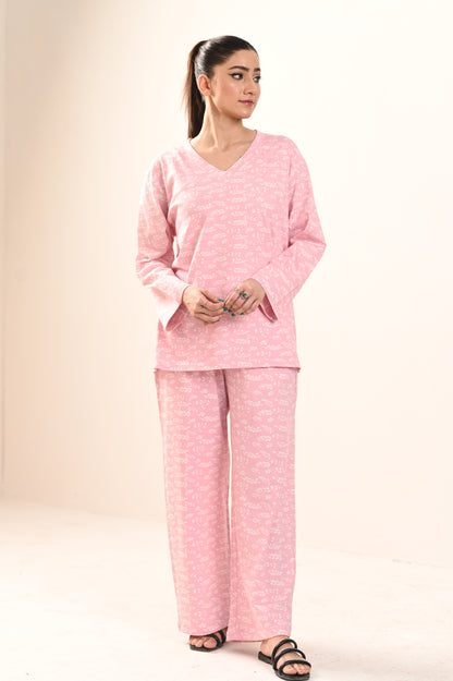 Women's Jersey Self Printed Track Suit -Pink Leaf