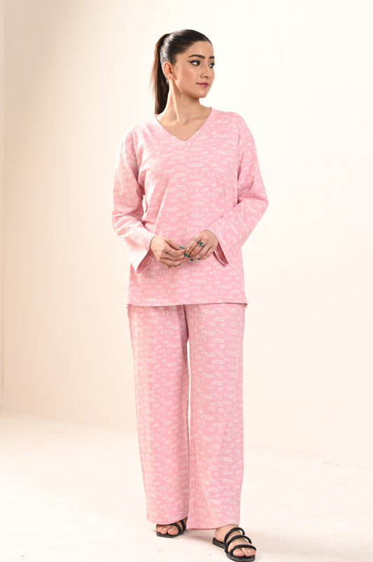 Women's Jersey Self Printed Track Suit -Pink Leaf