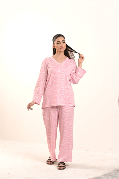 Women's Jersey Self Printed Track Suit -Pink Leaf