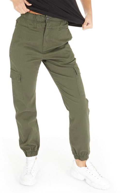 Women's Cargo Trouser Army Green Elastic Waist Cargo Pant