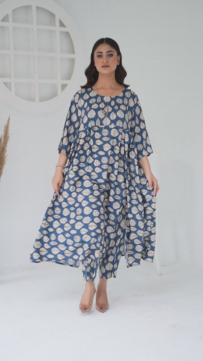 Women's Fashion 2PC Printed Long Frock - Blue Bells