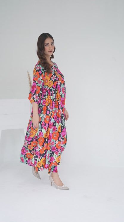 Women's Fashion 2PC Printed Long Frock  -Rainbow