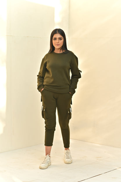 Women's Fashion 6 Pockets Cargo Tracksuit- Army Green