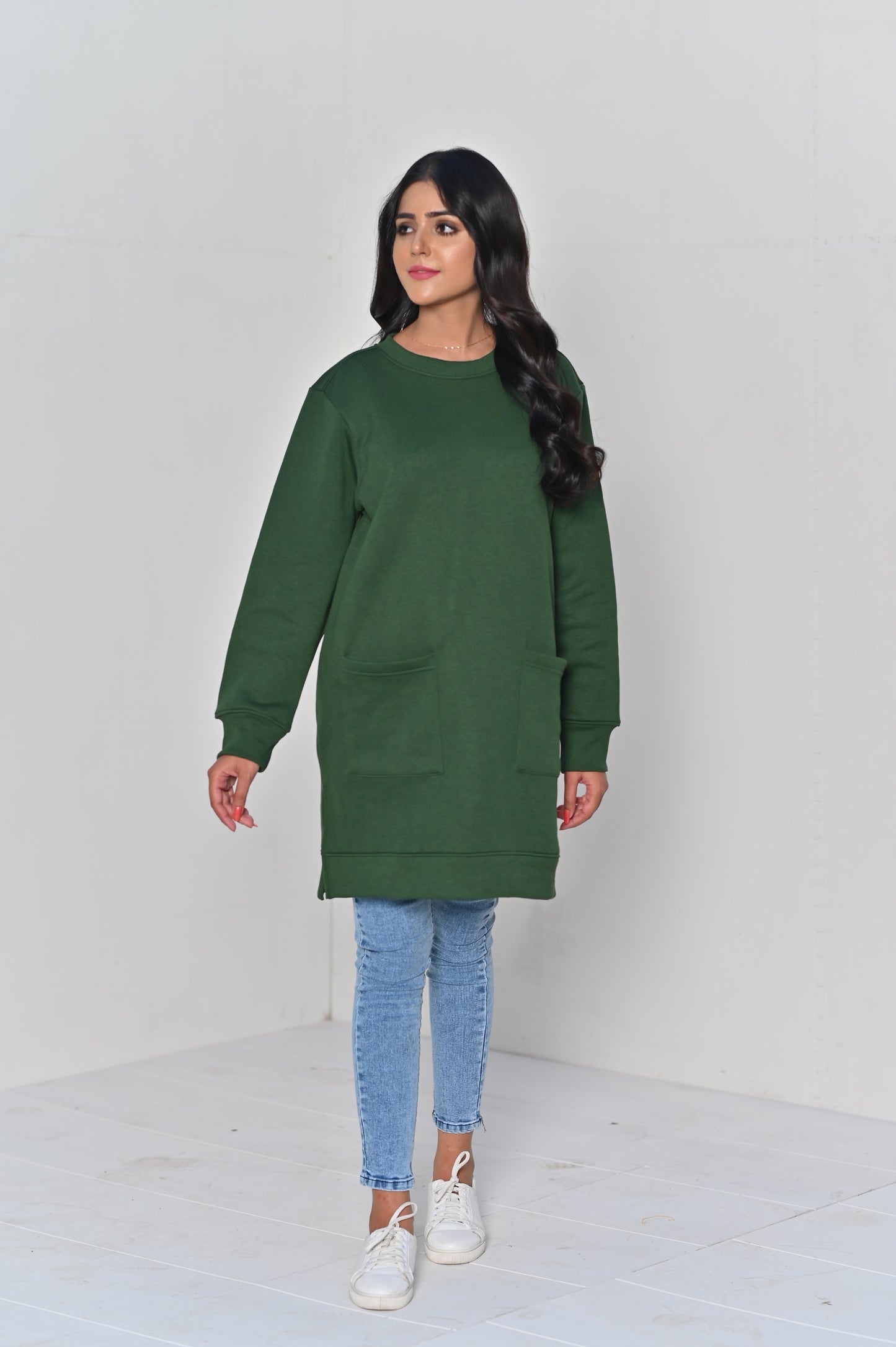 Women's Front Pocket  -Long & Loose Fit Sweatshirt -Bottle Green