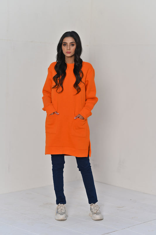 Women's Front Pocket  -Long & Loose Fit Sweatshirt - Orange