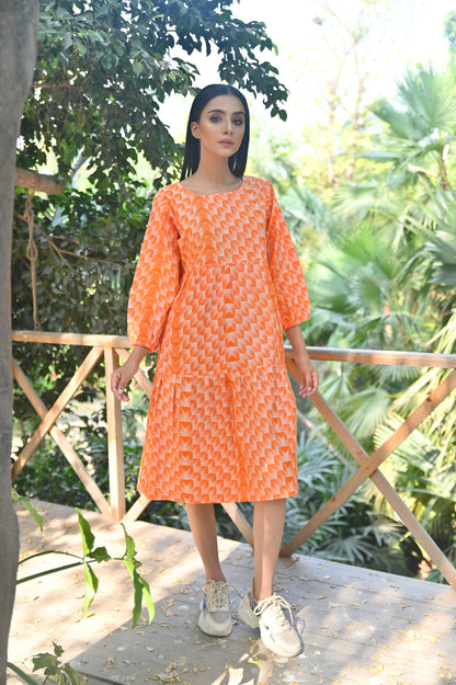 Women's Fashion Printed Flyer Long Frock - Orange