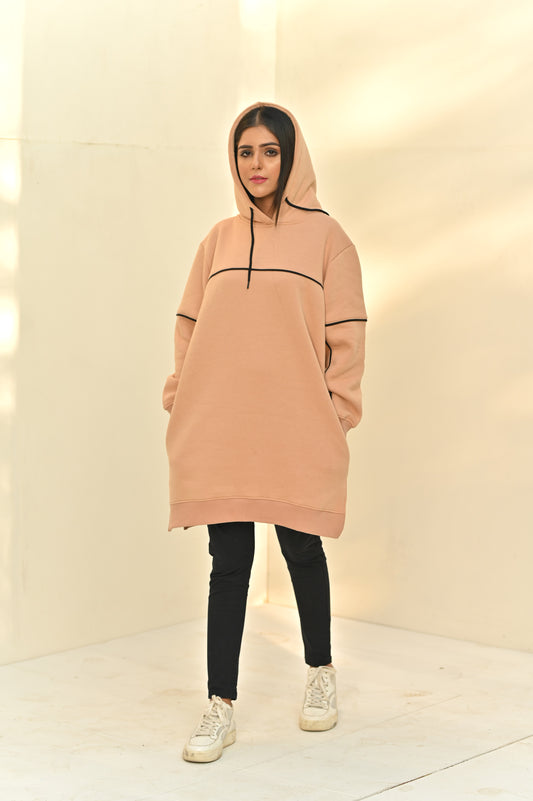 Women's -Long & Loose Fit Hoodie-Piping Style on Front and Arms -Skin