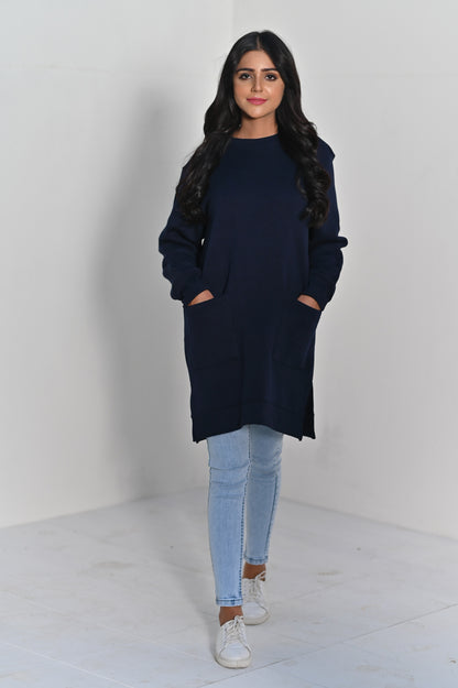 Women's Front Pocket  -Long & Loose Fit Sweatshirt - Navy