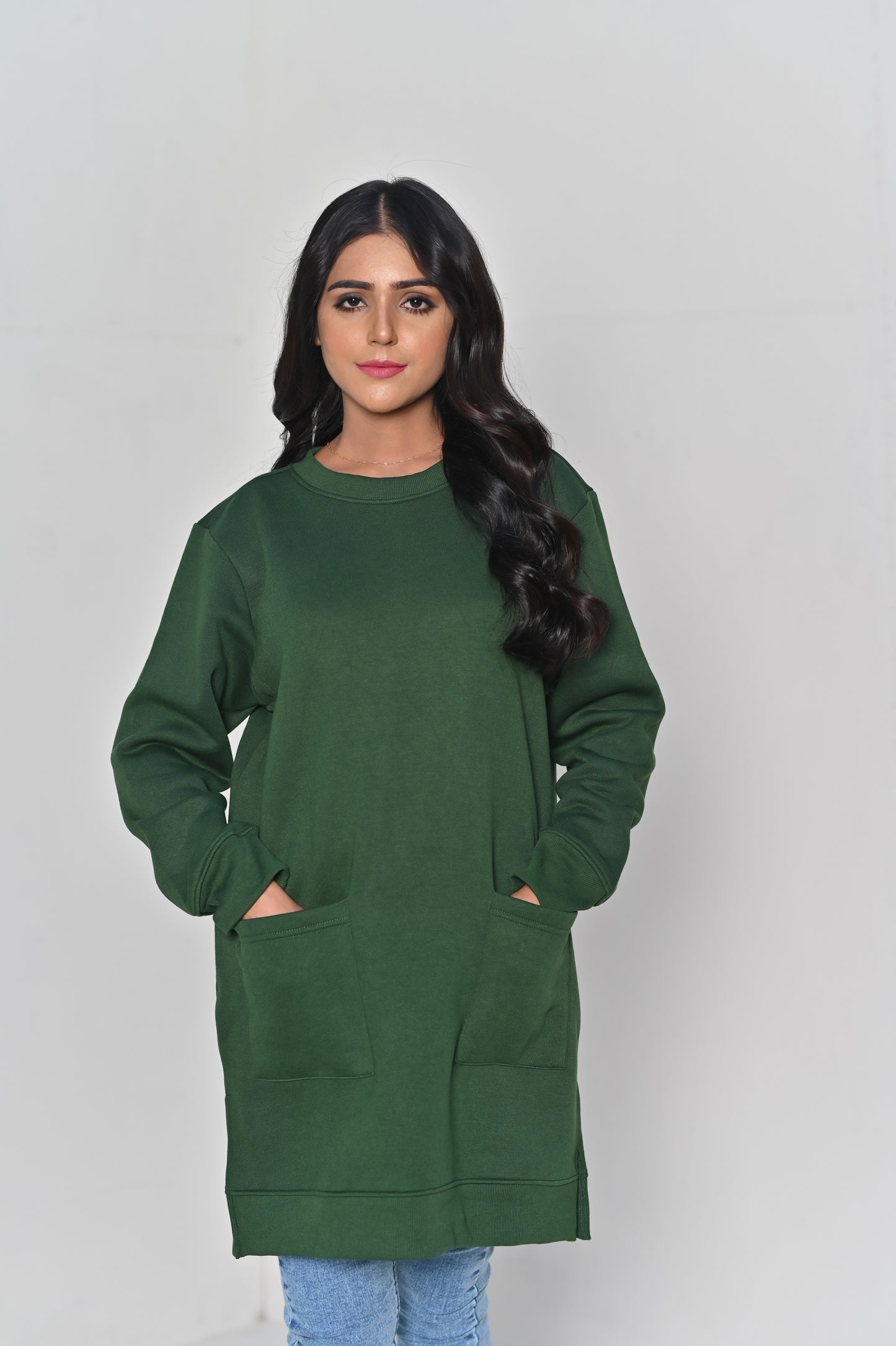 Women's Front Pocket  -Long & Loose Fit Sweatshirt -Bottle Green