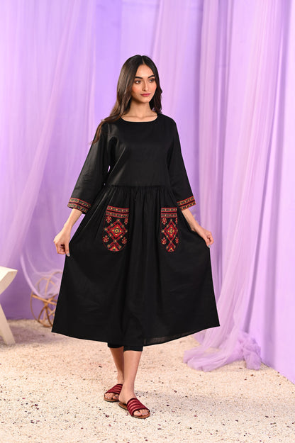 Women's Traditional Ajrak Embroidery Dress - Black