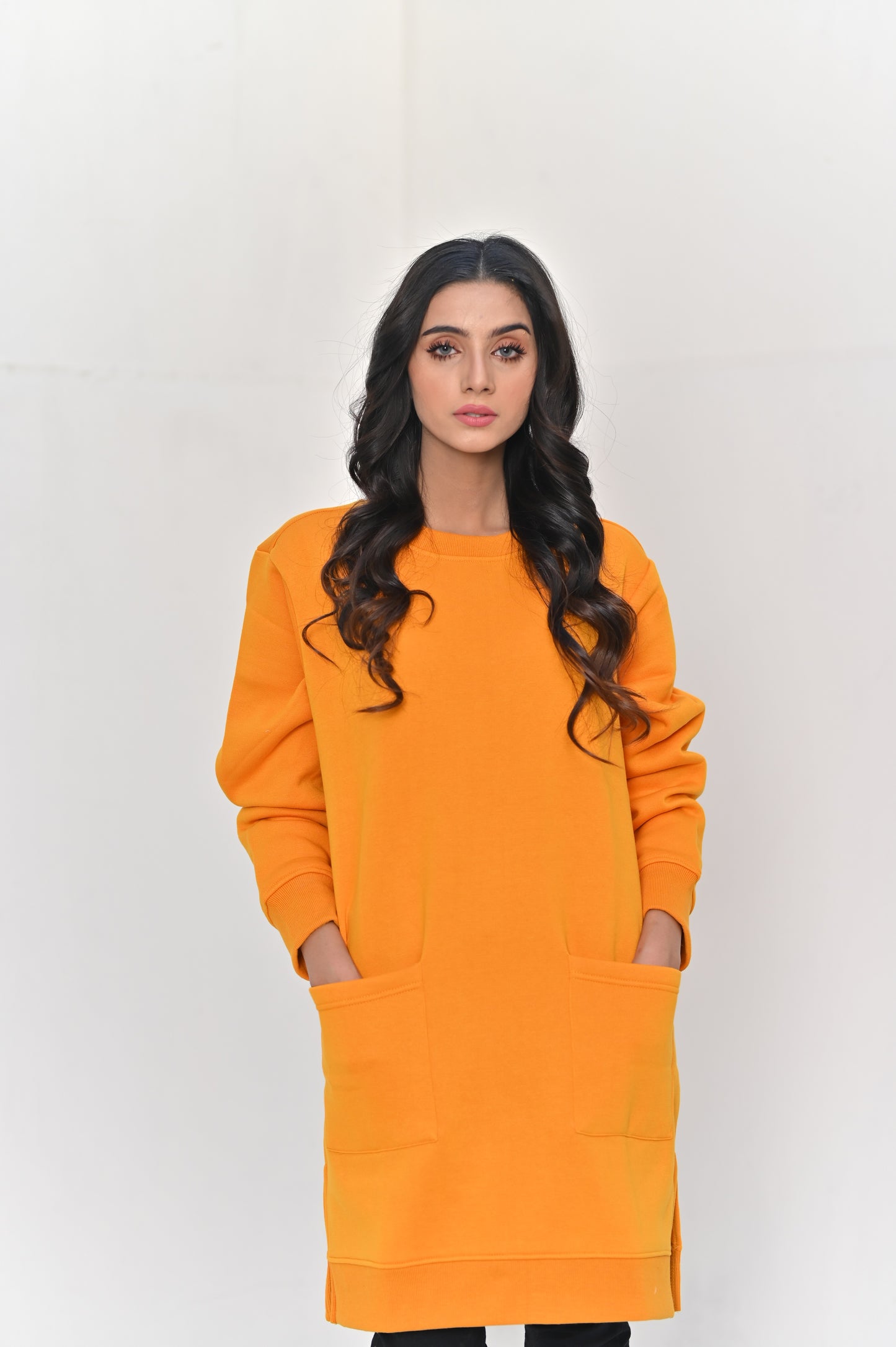 Women's Front Pocket  -Long & Loose Fit Sweatshirt - Mustard