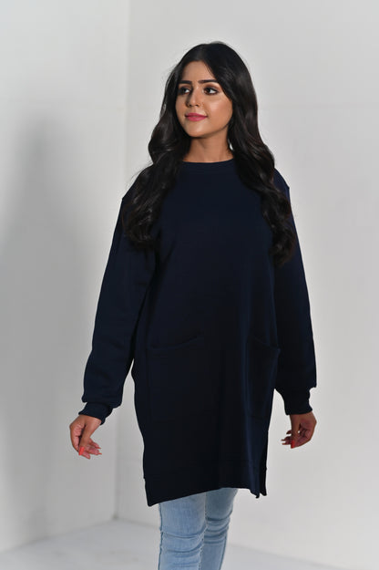 Women's Front Pocket  -Long & Loose Fit Sweatshirt - Navy