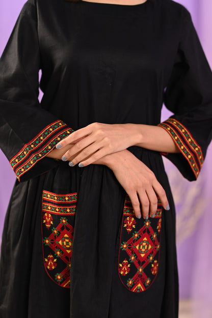 Women's Traditional Ajrak Embroidery Dress - Black