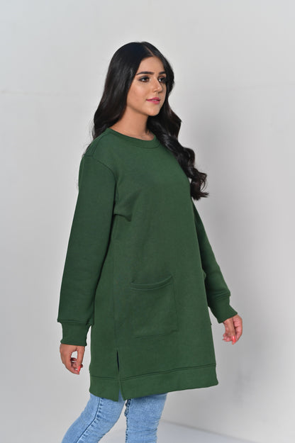 Women's Front Pocket  -Long & Loose Fit Sweatshirt -Bottle Green