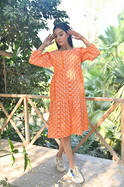 Women's Fashion Printed Flyer Long Frock - Orange