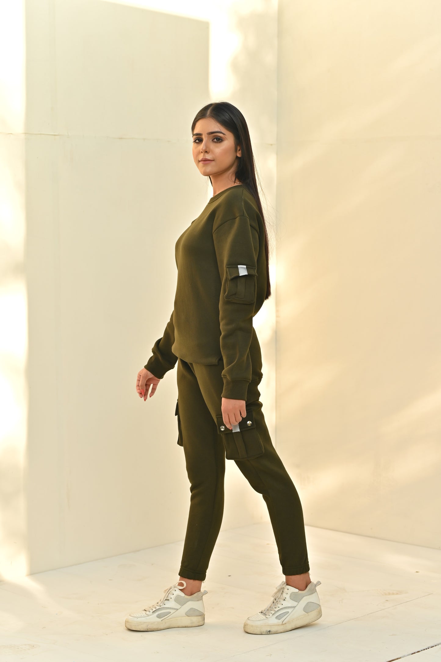 Women's Fashion 6 Pockets Cargo Tracksuit- Army Green