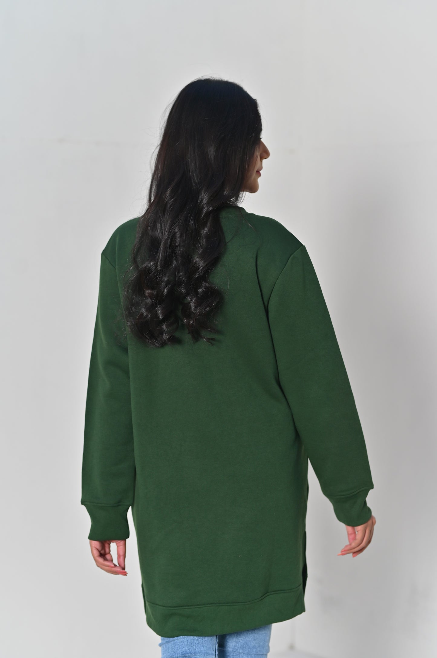 Women's Front Pocket  -Long & Loose Fit Sweatshirt -Bottle Green