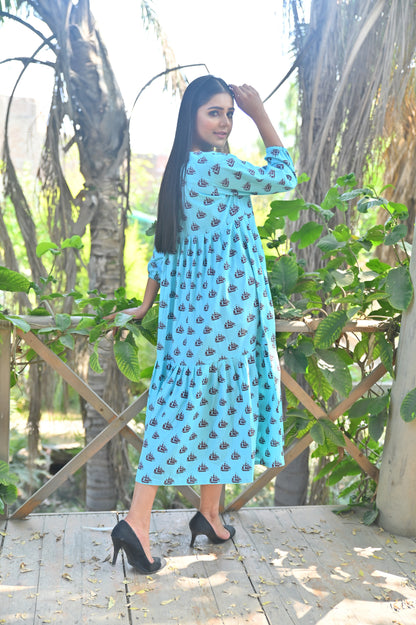 Women's Fashion Printed Flyer Long Frock  - Aqua Sky