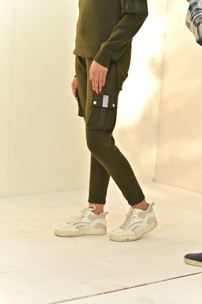 Women's Fashion 6 Pockets Cargo Tracksuit- Army Green