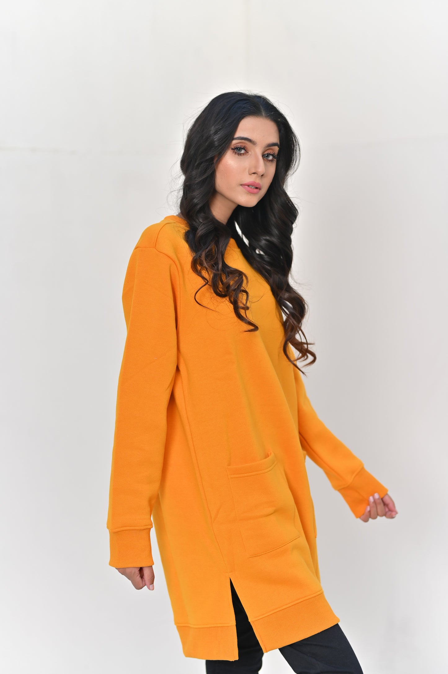 Women's Front Pocket  -Long & Loose Fit Sweatshirt - Mustard