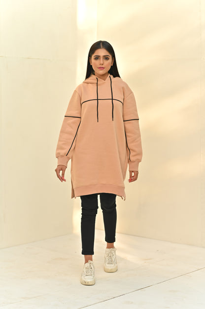 Women's -Long & Loose Fit Hoodie-Piping Style on Front and Arms -Skin