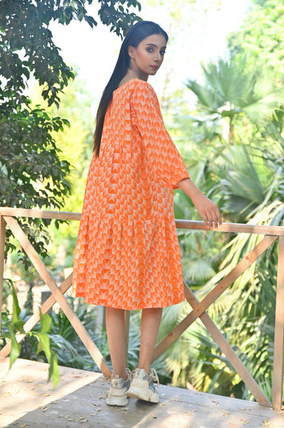 Women's Fashion Printed Flyer Long Frock - Orange