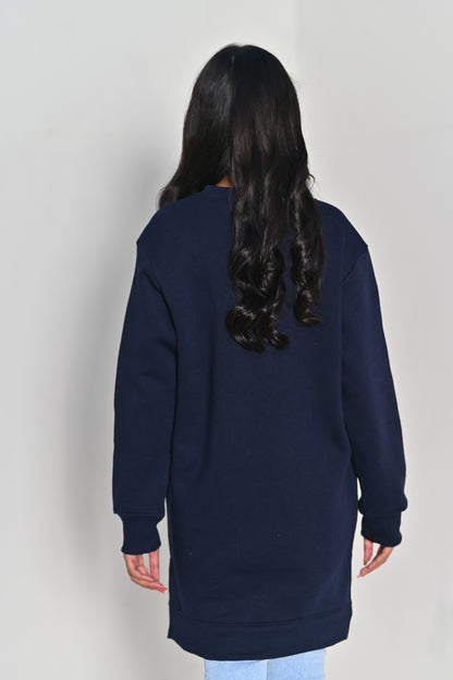 Women's Front Pocket  -Long & Loose Fit Sweatshirt - Navy