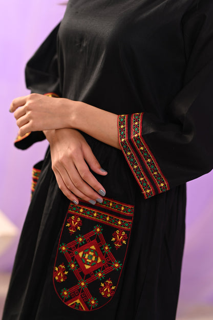 Women's Traditional Ajrak Embroidery Dress - Black