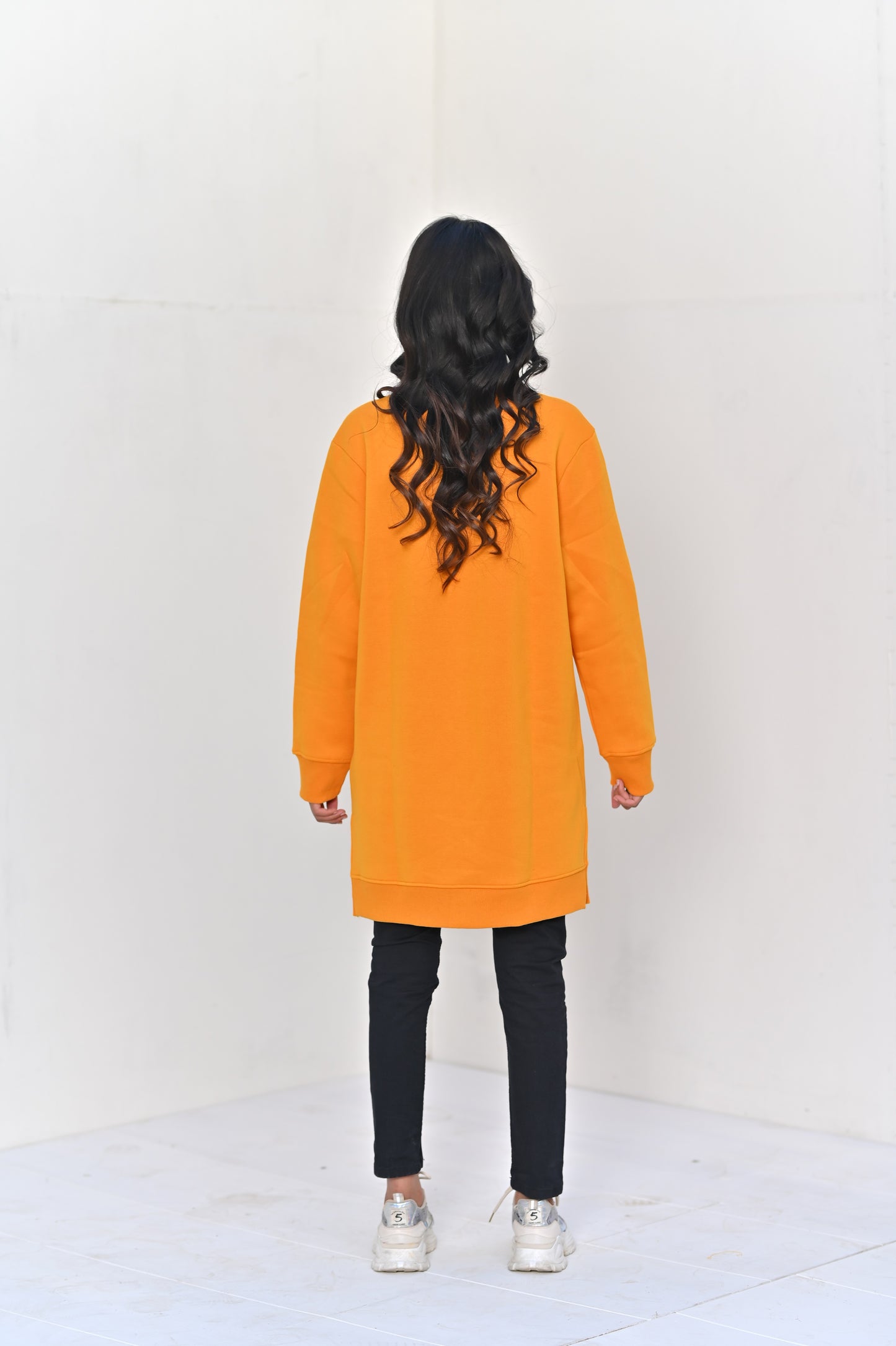 Women's Front Pocket  -Long & Loose Fit Sweatshirt - Mustard