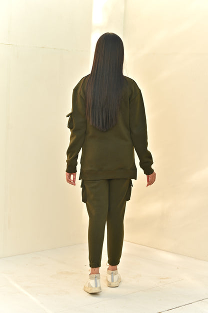 Women's Fashion 6 Pockets Cargo Tracksuit- Army Green